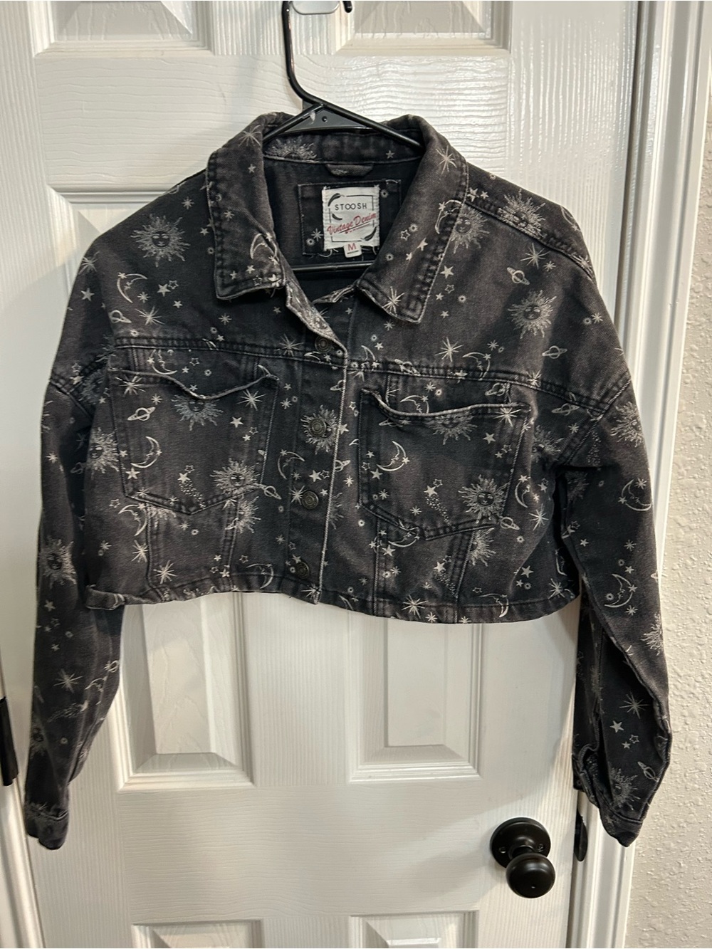 Stoosh vintage Women's Cropped Jean Jacket with Celestial moon and sun medium